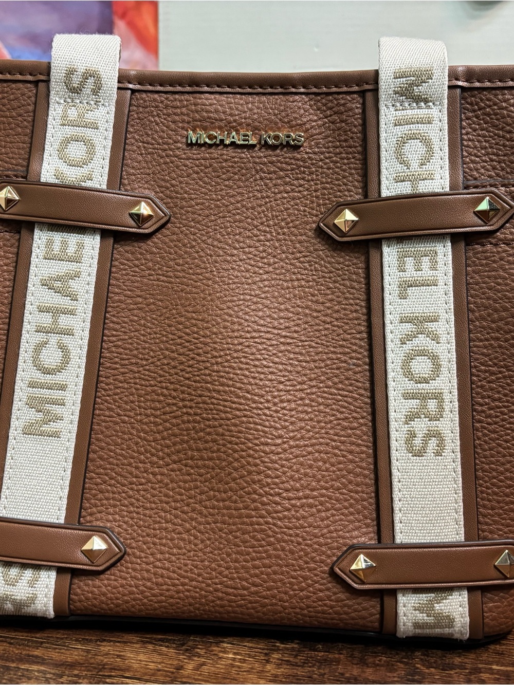 Michael Kors Tan Pebbled Leather Tote with Cream Logo Straps